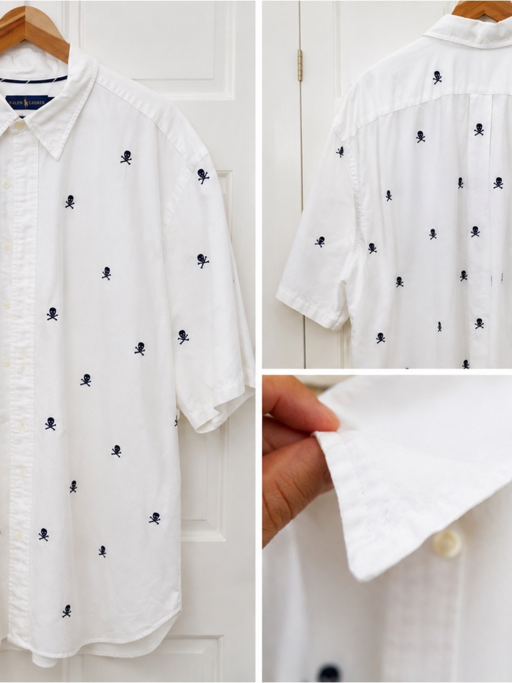 Ralph Lauren White Short-Sleeve Button-Down Shirt with Navy Skull Embroidery